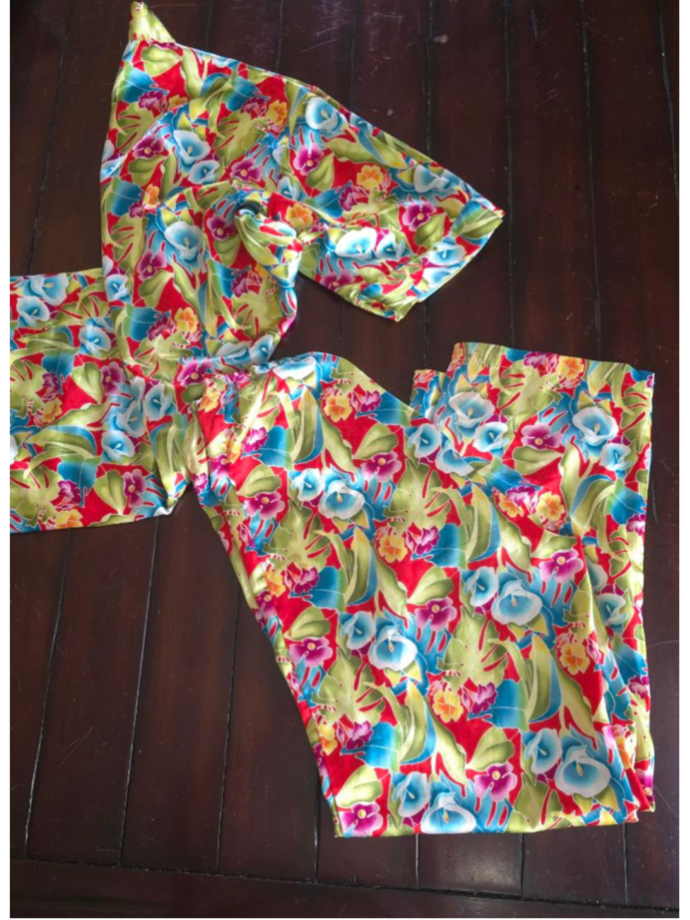 Vintage Miss Fifi Red Green Yellow Satin Floral Pajama Pant and Robe Set Luxe